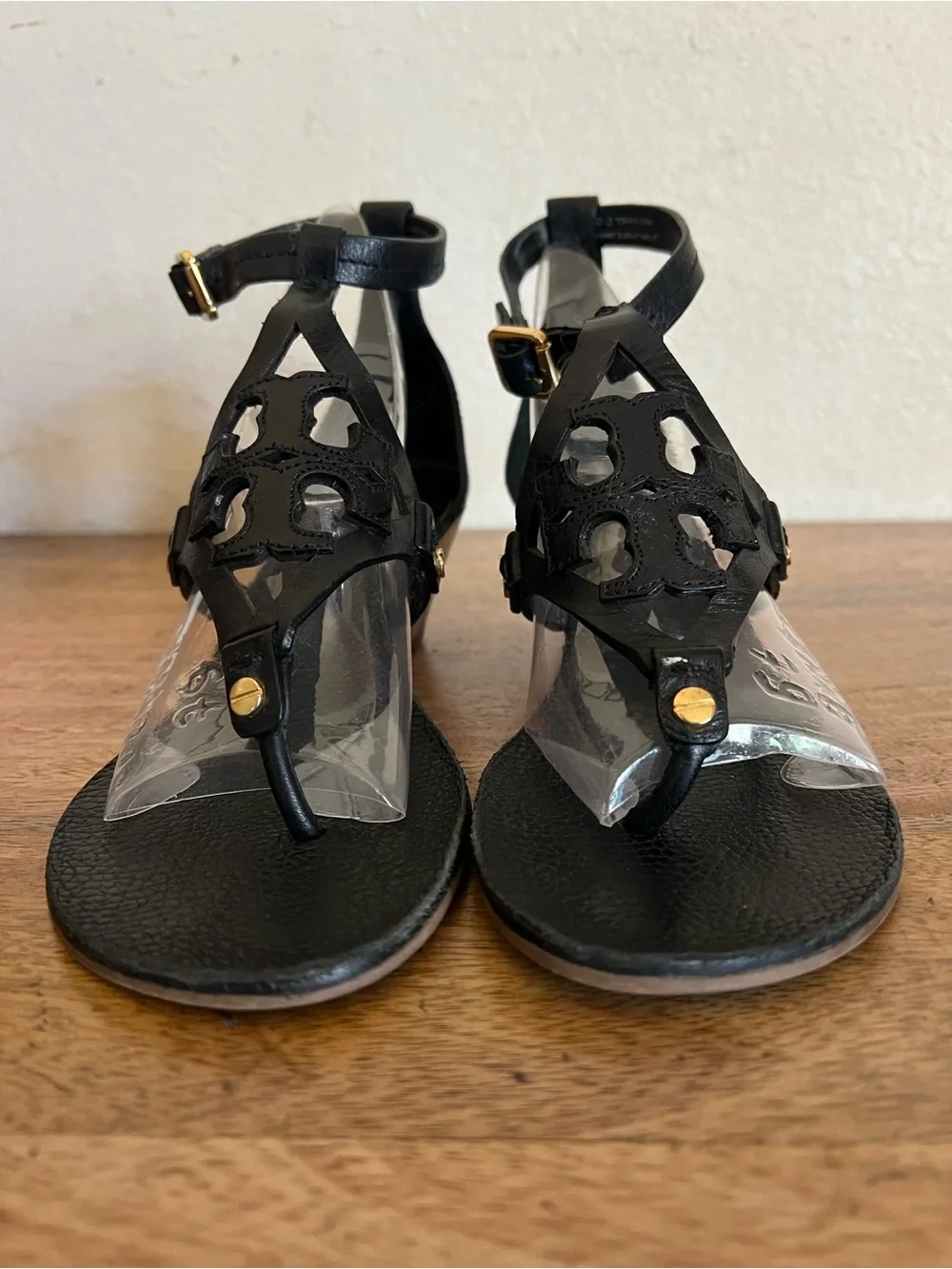 Tory Burch Miller  Black Leather Wedge Strappy Sandal Size 6M